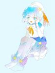  1girl anabone blue_background blue_eyes blue_hair bow dorothy_west frills full_body grin hand_on_own_cheek hat highres looking_at_viewer open_mouth pripara ribbon short_hair simple_background smile solo star 