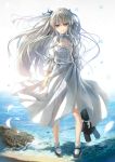  1girl aqua_eyes blush cleavage_cutout dress feathers kasugano_sora long_hair silver_hair solo stuffed_animal stuffed_toy two_side_up white_dress wingheart yosuga_no_sora 