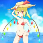  1girl beach bikini blonde_hair breasts cato_(monocatienus) fang flandre_scarlet hat navel red_eyes side_ponytail small_breasts solo straw_hat swimsuit touhou wrist_cuffs 