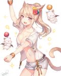  1girl :d animal_ears arm_up bangs bikini_top blonde_hair blue_flower blush bracelet breasts buttons cat_ears cat_girl cleavage collarbone cowboy_shot dancing dated eyebrows eyebrows_visible_through_hair facial_mark fang final_fantasy final_fantasy_xiv flower flying grey_shorts hair_flower hair_intakes hair_ornament highres jewelry long_hair looking_at_viewer medium_breasts miqo&#039;te momoko_(momopoco) moogle navel open_clothes open_mouth open_shirt ponytail red_flower shiny shiny_skin shirt short_shorts shorts simple_background slit_pupils smile solo_focus stomach tail tareme teeth twitter_username violet_eyes white_background white_shirt yellow_flower 