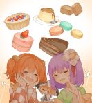  3girls :d ^_^ bell blonde_hair blush braid cake checkered closed_eyes flower food fruit gradient gradient_background hair_bell hair_flower hair_ornament hand_on_own_cheek hands_on_own_cheeks hands_on_own_face hat hat_ribbon hieda_no_akyuu japanese_clothes jpeg_artifacts kimono kirisame_marisa long_sleeves macaron misha_(hoongju) motoori_kosuzu multiple_girls open_mouth orange_hair pudding puffy_sleeves purple_hair ribbon shirt short_hair short_sleeves side_braid single_braid slice_of_cake smile strawberry sweets touhou twintails vest wide_sleeves witch_hat yellow_eyes 