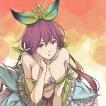  1girl bangs bare_shoulders bra breasts brown_eyes brown_hair cleavage collarbone cross-laced_clothes dress eyebrows eyebrows_visible_through_hair flower granblue_fantasy hair_between_eyes hair_flower hair_ornament hand_on_own_cheek hand_on_own_face ivris large_breasts leaf leaf_bra leaf_on_head leaning_back long_hair looking_at_viewer low_twintails midriff navel navel_cutout parted_lips solo strapless strapless_bra twintails underwear upper_body very_long_hair yggdrasill_(granblue_fantasy) 