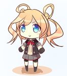  1girl abukuma_(kantai_collection) bike_shorts black_gloves blonde_hair blue_background blue_eyes chibi commentary_request eyebrows eyebrows_visible_through_hair gloves hair_bun jacket kantai_collection kuro_nasu legs_up looking_at_viewer remodel_(kantai_collection) school_uniform short_sleeves skirt solo twintails 