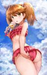  1girl adjusting_clothes adjusting_swimsuit alternate_costume ass bikini bikini_skirt brown_eyes brown_hair clouds cloudy_sky flat_chest food frilled_bikini frilled_skirt frills from_below hair_between_eyes highres ice_cream kantai_collection long_hair looking_at_viewer midriff okitsugu red_bikini revision ryuujou_(kantai_collection) skirt sky sweat sweating swimsuit thighs tongue tongue_out twintails visor_cap 