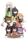  6+girls :o ahoge arm_up armband black_hair black_legwear black_serafuku blonde_hair blue_eyes blue_jacket blush box brown_eyes brown_hair bunny_hair_ornament cardboard_box chibi closed_eyes crescent crescent_hair_ornament crescent_moon_pin crossed_arms crossed_legs fumizuki_(kantai_collection) green_eyes green_hair hair_ornament hair_ribbon hand_on_own_cheek hand_on_own_face hands_on_own_knees highres jacket kantai_collection kikuzuki_(kantai_collection) kisaragi_(kantai_collection) kneehighs long_hair long_sleeves looking_at_viewer low-tied_long_hair low_twintails mikazuki_(kantai_collection) mochizuki_(kantai_collection) multiple_girls mutsuki_(kantai_collection) nagatsuki_(kantai_collection) neckerchief necktie open_hands open_mouth outstretched_arms pink_hair ponytail purple_hair red_eyes redhead remodel_(kantai_collection) ribbon satsuki_(kantai_collection) school_uniform serafuku short_hair short_hair_with_long_locks simple_background sitting sitting_on_head sitting_on_person skirt smile spring_onion thigh-highs twintails uzuki_(kantai_collection) v_arms violet_eyes white_background white_hair white_legwear white_necktie yamato_tachibana yayoi_(kantai_collection) yellow_eyes yellow_necktie 