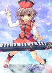  1girl :d ankle_boots beamed_quavers boots brown_eyes clouds cloudy_sky cross_(crossryou) full_body hand_up hat instrument juliet_sleeves keyboard_(instrument) lavender_hair light_particles long_sleeves looking_at_viewer lyrica_prismriver musical_note open_mouth puffy_sleeves quaver semiquaver short_hair skirt skirt_set sky smile solo staff_(music) standing touhou 