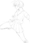  1girl clenched_hand highres kicking leg_up midriff monochrome navel niwatazumi open_clothes open_mouth open_shirt original outstretched_arms pleated_skirt shirt short_hair sketch skirt solo spread_arms unbuttoned untucked_shirt white_background 