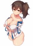 1girl breast_hold breasts brown_hair clothes_down collarbone colored_eyelashes covered_nipples crossed_arms from_side hakama japanese_clothes jitome kaga_(kantai_collection) kantai_collection large_breasts looking_at_viewer navel no_bra no_panties no_underwear open_clothes puffy_nipples short_ponytail side_ponytail simple_background white_background wide_sleeves yamaarashi yellow_eyes