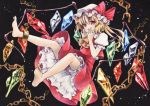  1girl ascot barefoot black_background blonde_hair bloomers chain crystal flandre_scarlet full_body funnyfunny hat hat_ribbon looking_at_viewer marker_(medium) mob_cap open_mouth puffy_sleeves red_eyes ribbon shirt short_sleeves side_ponytail skirt skirt_set soles solo touhou traditional_media underwear vest wings 