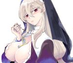  1girl between_breasts blonde_hair breasts center_opening covered_nipples cross cross_necklace eyebrows eyebrows_visible_through_hair habit hair_between_eyes hair_ornament hair_tie head_tilt jewelry juliet_sleeves kazu_tanuki large_breasts long_hair long_sleeves looking_at_viewer low_twintails necklace nun original puffy_sleeves red_eyes solo twintails upper_body 