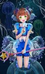  1girl blue_shorts brown_hair cardcaptor_sakura green_eyes hair_ornament highres holding kinomoto_sakura looking_at_viewer open_mouth qi_kou see-through short_hair shorts solo staff 