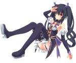  1girl bare_shoulders black_hair breasts cleavage hair_ornament himajin_(starmine) long_hair looking_at_viewer neptune_(series) noire red_eyes ribbon smile solo thigh-highs twintails very_long_hair 