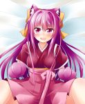  1girl animal_ears blush bow breasts cat_ears cat_paws fang gradient_hair hair_bow hakama ichimi japanese_clothes kamikaze_(kantai_collection) kantai_collection kimono long_hair looking_at_viewer multicolored_hair open_mouth paws pink_hair pink_hakama purple_hair ribbon skirt smile solo spread_legs tasuki violet_eyes yellow_ribbon 