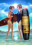  2girls adapted_object black_hair breasts clenched_teeth collarbone competition_swimsuit confrontation flight_deck from_side highres kaga_(kantai_collection) kantai_collection medium_breasts multiple_girls one-piece_swimsuit parsue profile shiny shiny_clothes short_hair surfboard swimsuit teeth wading water zuikaku_(kantai_collection) 