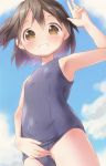  1girl blush brown_eyes brown_hair from_below grin original ramble school_swimsuit short_hair side_ponytail smile solo swimsuit swimsuit_aside 