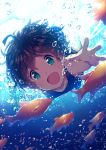  1girl :d ahoge air_bubble breath brown_hair bubble diving fish freediving green_eyes holding_breath idolmaster idolmaster_million_live! ima_(lm_ew) kinoshita_hinata looking_at_viewer open_mouth short_hair smile solo swimming swimsuit underwater 