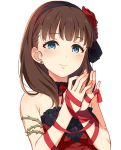  1girl bare_shoulders blue_eyes breasts brown_hair choker earrings flower hair_flower hair_ornament hairband idolmaster idolmaster_cinderella_girls idolmaster_cinderella_girls_starlight_stage jewelry looking_at_viewer ribbon sakuma_mayu short_hair simple_background smile solo thorns yuuhi_(ages) 