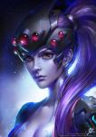  1girl artist_name bodysuit breasts center_opening cleavage earrings ears expressionless head_mounted_display highres jewelry lips long_hair looking_at_viewer nose overwatch ponytail purple_hair purple_skin qichao_wang solo stud_earrings upper_body watermark web_address widowmaker_(overwatch) yellow_eyes 