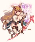  1girl animal_ears arrow bangs bazooka_oiran between_fingers black_gloves bow_(weapon) breasts brown_hair cleavage coat eyebrows eyebrows_visible_through_hair eyelashes fingerless_gloves from_above full_body gloves granblue_fantasy hair_ornament highres holding holding_weapon leotard licking_lips long_hair long_sleeves looking_at_viewer medium_breasts metella_(granblue_fantasy) mole mole_under_mouth outstretched_arm red_eyes sidelocks simple_background smile smoke solo thigh-highs thigh_strap tongue tongue_out very_long_hair weapon white_background white_legwear 
