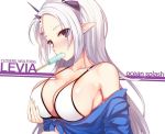  1girl bikini bikini_top blue_shirt blush breast_hold breasts character_name closers collarbone copyright_name dripping eyelashes food_in_mouth front-tie_top horns large_breasts levia_(closers) long_hair looking_at_viewer mouth_hold no_pupils off_shoulder ofuda pointy_ears popsicle seok shirt sideboob silver_hair solo spaghetti_strap strap_gap swimsuit tied_shirt upper_body violet_eyes white_background white_bikini white_bikini_top 
