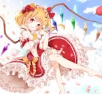  1girl animal animal_on_hand balloon barefoot bird blonde_hair blue_sky clouds dress feathers flandre_scarlet flower frilled_dress frills hair_flower hair_ornament highres mumu-crown petals petticoat red_eyes short_hair sky smile solo touhou white_feathers 