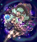  1girl black_gloves drill_hair elbow_gloves feathers fiore_burnelli gloves green_hair hair_ornament hat lipstick long_hair magic makeup nishimura_kinu official_art orb revealing_clothes solo star_ocean star_ocean_integrity_and_faithlessness tail twin_drills witch_hat yellow_eyes 