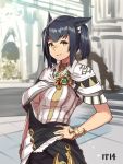  1girl animal_ears black_hair bracelet breasts capelet center_opening cleavage commentary_request final_fantasy final_fantasy_xiv hand_on_hip houtengeki jewelry looking_at_viewer miqo&#039;te original ring short_hair smile solo upper_body yellow_eyes 