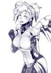  1girl bodysuit breasts clenched_hands closed_eyes cowboy_shot gggg high_ponytail highres large_breasts long_hair mechanical_halo mechanical_wings mercy_(overwatch) monochrome open_mouth overwatch simple_background smile solo white_background wings 