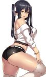  1girl ass bare_shoulders black_hair bracelet breasts commentary elf_(houtengeki) from_side hair_ribbon houtengeki jewelry large_breasts long_hair looking_at_viewer midriff original over-kneehighs parted_lips pointy_ears ribbon short_shorts shorts solo thigh-highs twintails white_legwear white_ribbon yellow_eyes 