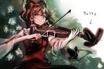  1girl ascot bare_shoulders bow brown_hair butterfly commentary_request detached_sleeves flower grey_eyes hair_bow hair_tubes hakurei_reimu instrument jan_(artist) japanese_clothes long_hair looking_at_viewer miko playing_instrument red_skirt sidelocks skirt skirt_set smile solo touhou upper_body violin wide_sleeves 