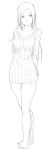  1girl arms_behind_back bangs bare_legs barefoot breasts dress full_body highres large_breasts long_hair looking_at_viewer monochrome niwatazumi original sidelocks sketch smile standing sweater sweater_dress white_background 