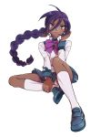  1girl bangs bow braid danball_senki_wars dark_skin inoguchinko loafers long_hair low-tied_long_hair panties pantyshot purple_hair school_uniform shoes single_braid skirt underwear vanessa_gala violet_eyes 