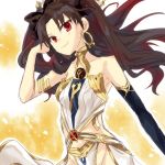  1girl armlet black_hair earrings fate/grand_order fate_(series) hair_ribbon ishtar_(fate/grand_order) jewelry navel_cutout red_eyes ribbon tohsaka_rin twintails 