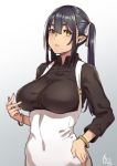  1girl black_hair blush bracelet breasts commentary covered_navel elf_(houtengeki) hair_ribbon hand_on_hip houtengeki jewelry large_breasts long_hair long_sleeves looking_at_viewer original pointy_ears ribbon solo twintails underbust upper_body white_ribbon yellow_eyes 