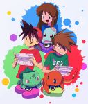 1girl 2boys :p blue_(pokemon) blue_(pokemon)_(classic) bulbasaur character_doll charmander cushion game_console multiple_boys ookido_green ookido_green_(classic) paint_splatter playing_games pokemon pokemon_(creature) pokemon_special red_(pokemon) red_(pokemon)_(classic) shirt sorobochi splatoon splatter squirtle t-shirt tongue tongue_out wii_u 