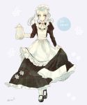  1girl apron artist_name blue_eyes blue_hair fire_emblem fire_emblem_if flora_(fire_emblem_if) flower grey_background iriya_(lonesome) long_hair maid maid_apron maid_headdress simple_background teapot twintails 