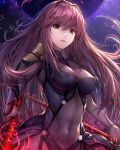  1girl bodysuit breasts covered_navel covered_nipples dual_wielding fate/grand_order fate_(series) gae_bolg hisahisahisahisa lips long_hair medium_breasts pauldrons polearm red_eyes redhead revision scathach_(fate/grand_order) solo spear weapon 