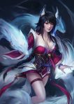  1girl ahri animal_ears bead_bracelet black_hair braid breasts cleavage fox_ears fox_tail league_of_legends lips long_hair multiple_tails skyzocat solo tail thigh_strap very_long_hair whisker_markings yellow_eyes 