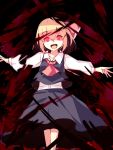  1girl :d black_skirt blouse cravat darkness glowing glowing_eyes hair_ribbon kasa_jizou long_skirt looking_at_viewer open_mouth outstretched_arms red_eyes ribbon rumia short_hair skirt smile solo touhou vest white_blouse wing_collar 