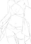  1girl cleavage_cutout collarbone crop_top head_out_of_frame highres monochrome navel niwatazumi original panties sketch strap thigh-highs underwear white_background 