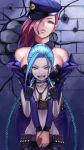  2girls bare_shoulders blue_hair braid fingerless_gloves gloves highres hoshara hug hug_from_behind jewelry jinx_(league_of_legends) league_of_legends looking_at_viewer middle_finger multiple_girls necklace open_mouth pink_eyes pink_hair police police_uniform twintails uniform vi_(league_of_legends) violet_eyes 