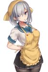  1girl adjusting_clothes apron black_skirt blue_eyes breasts from_side hair_over_one_eye hamakaze_(kantai_collection) impossible_clothes kantai_collection large_breasts looking_at_viewer miniskirt open_mouth pantyhose pleated_skirt school_uniform serafuku short_hair silver_hair simple_background skirt solo towel towel_on_head yamaarashi 