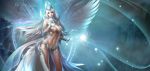  1girl angel armor bikini_armor breasts cleavage hand_on_own_chest headgear highres large_breasts league_of_angels long_hair revealing_clothes solo very_long_hair white_hair wings 