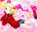  1girl :q akemaru aqua_eyes ass bed blonde_hair blush cd_case chin_rest commentary_request denim denim_shorts digital_media_player hair_ornament hair_ribbon hairclip headphones headphones_around_neck hood hoodie kagamine_rin looking_at_viewer lying on_stomach one_eye_closed pillow ribbon short_hair short_twintails shorts smile solo tongue tongue_out twintails vocaloid 