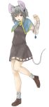  1girl animal_ears capelet eyebrows eyebrows_visible_through_hair full_body grey_hair highres jewelry long_sleeves loose_socks mouse_ears mouse_tail nazrin netamaru open_mouth pendant red_eyes short_hair simple_background socks solo standing standing_on_one_leg tail touhou white_background 