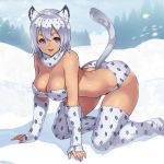  1girl :d all_fours arm_warmers bare_shoulders blue_eyes bra breasts cleavage commentary_request dark_skin fur_collar hanging_breasts houtengeki leopard_ears leopard_print leopard_tail looking_at_viewer medium_breasts open_mouth original outdoors panties print_bra print_legwear print_panties short_hair silver_hair smile snow solo thigh-highs underwear 