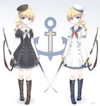  2016 2girls anchor_symbol blonde_hair blue_eyes boots bow buttons crossed_swords dated dress full_body hat hat_bow heterochromia highres holding holding_sword holding_weapon knee_boots looking_at_viewer makadamixa multiple_girls neckerchief original ponytail sailor_dress sailor_hat sheath short_sleeves siblings signature simple_background sisters standing sword symmetrical_pose twins unsheathed weapon yellow_eyes 