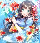  1girl :d aqua_eyes blue_eyes blush bracelet brown_hair fish flower goldfish hair_flower hair_ornament japanese_clothes jewelry kimono long_hair open_mouth original smile water yan&#039;yo_(yan&#039;yan&#039;yo) 