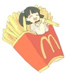 1girl :d ^_^ blush box chewing closed_eyes eating food french_fries green_hair hair_bobbles hair_ornament happy highres holding holding_food in_box in_container in_food japanese_clothes kisume logo long_sleeves mcdonald&#039;s minigirl monochrome open_mouth pale_color product_placement short_hair simple_background smile solo touhou upper_body white_background wide_sleeves yunuki_uta 