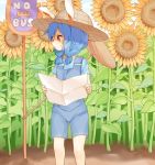  1girl alternate_costume animal_ears blue_hair field flower flower_field hat low_twintails mallet misha_(hoongju) overalls rabbit_ears red_eyes seiran_(touhou) short_hair sign solo sunflower touhou twintails 